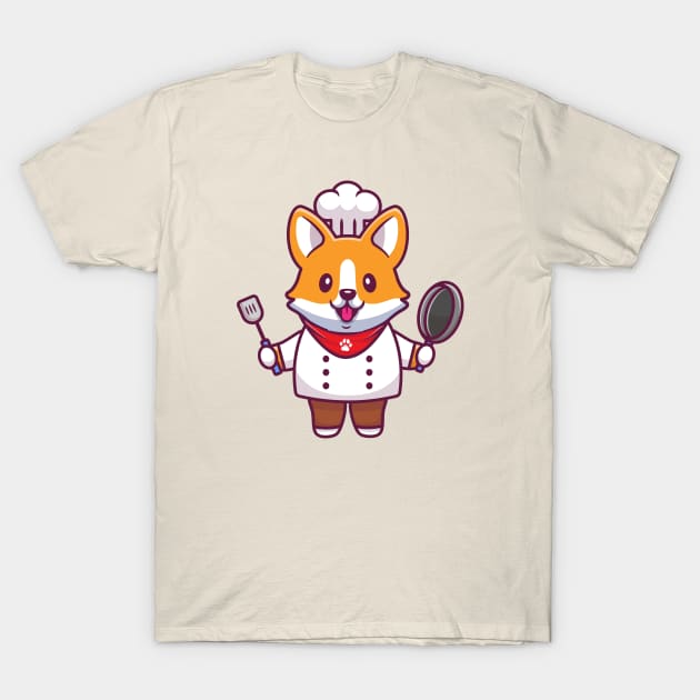 Cute Corgi Chef With Frying Pan And Spatula T-Shirt by Catalyst Labs